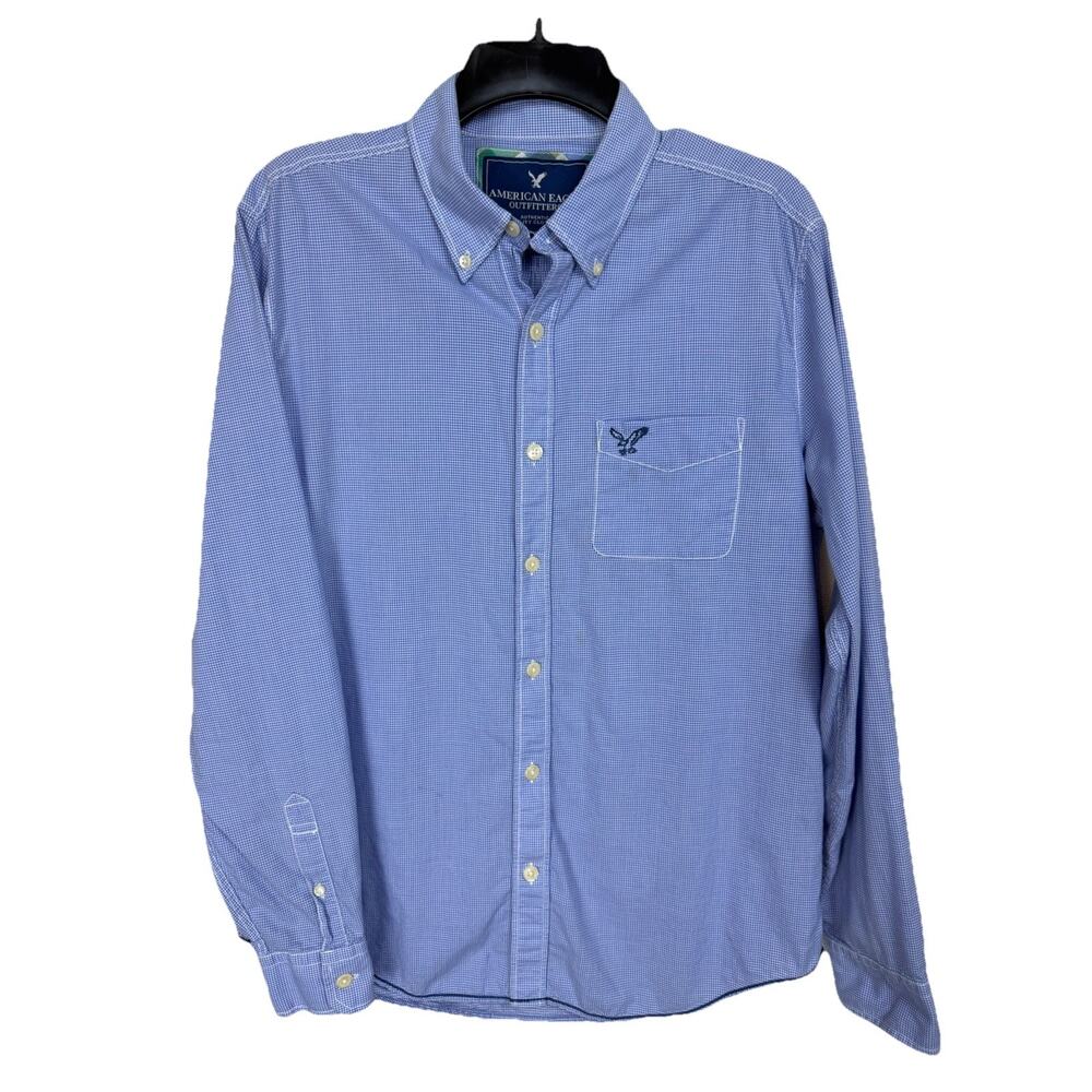 American‎ Eagle Sz M Men Long Sleeves Button Down Shirt Blue White Check Preppy